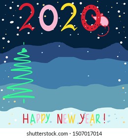 Vector abstract christmas background. Postcard with Christmas fir tree, numeral 2020 and lettering of Happy New Year. Copy space