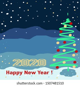 Vector abstract christmas background. Postcard with Christmas fir tree, numeral 2020 and Happy New Year. Copy space