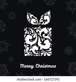 Vector abstract Christmas box on black background with snowflakes. Vector illustration.