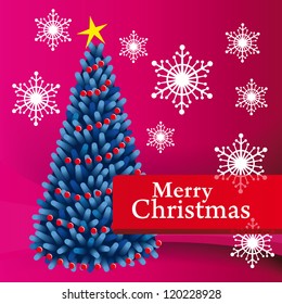 Tarjeta navideña abstracta vectora con árbol de navidad azul, copos de nieve, fondo rojo y marco navideño de Feliz rojo