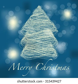 Vector abstract Christmas card with blue blurred background and stylized Christmas tree.