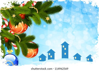Vector Abstract Christmas Card Template with Houses and Decorations