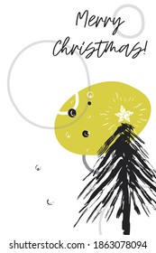 Decoración vectorial de Navidad abstracta. Diseño de tarjetas de felicitación con pincel sucio pintado árboles de Navidad y letras de fase Feliz Navidad aislado en fondo blanco.
