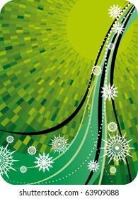Vector Abstract christmas green background with waves and snowflakes