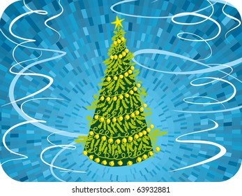 Vector abstract christmas tree with blue shine background