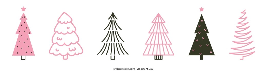 colección abstracta del árbol de navidad del Vector. Diseño plano moderno con Elementos doodle rosa y negro. Símbolos de temporada de moda para las celebraciones del Año Nuevo. Ilustraciones aisladas de abetos y abetos.