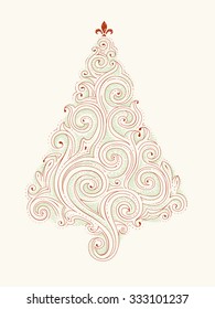 Vector abstract Christmas tree. Doodle hand drawn illustration in retro style. Red swirly Christmas tree on white background. Illustration in retro style.