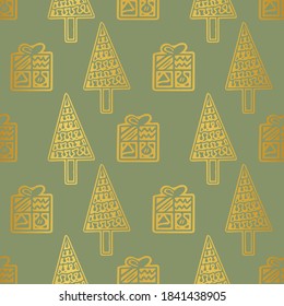 Árbol de Navidad abstracto vectorial y caja de regalo sin problemas. Adecuado para la temporada festiva, papel envasado, embalaje, papel pintado y otros proyectos de diseño. 