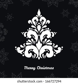 Vector abstract Christmas tree on black background with snowflakes. Vector illustration.