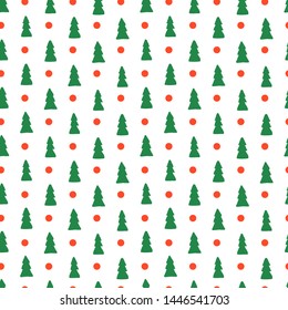 Vector abstract christmas tree seamless pattern. Hand drawn green fir symbol and red dot circle isolated on white background Design holiday repeat tile for textile, texture, card, sale, paper, banner