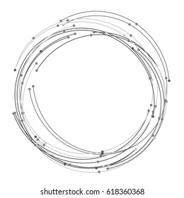 Vector abstract circle with dots. Hand drawn sketch lines. Black round shape. Monochrome frame. Isolated stroke design. Twist outline curves illustration. Pencil drawn circle. Twisted shape.