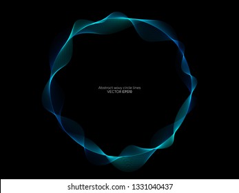 Vector abstract circle frame with wave lines pattern flowing in blue green colors isolated on black background in concept of music, technology, ai