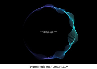 Vector abstract circle frame with wave lines pattern flowing in blue green colors isolated on black background in concept of music, technology, ai