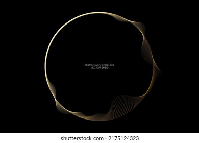 Vector abstract circle frame with wave lines pattern flowing gold color isolated on black background in concept of music, technology, ai