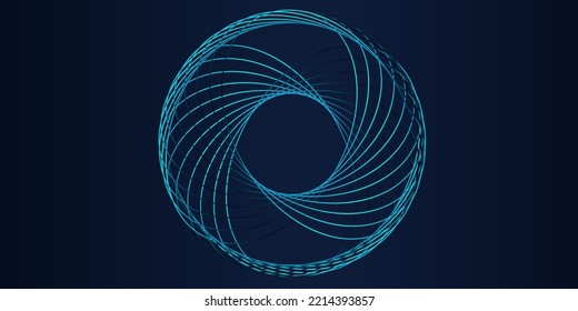 Vector abstract circle frame with wavy rounded lines pattern flowing in blue green colors isolated on black background for concept of music, technology, ai