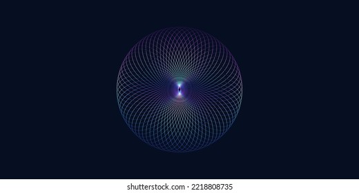 Vector abstract circle frame with wavy rounded lines pattern flowing in blue glowing sphere isolated on black background for concept of music, technology, ai