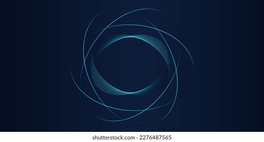 Vector abstract circle frame with wavy rounded lines pattern flowing in blue green colors isolated on black background for concept of music, technology, ai