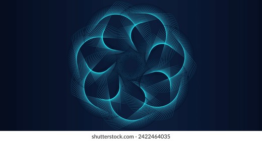 Marco de círculo abstracto vectorial con un patrón de líneas redondeadas onduladas que fluye en colores verdes azules aislados en fondo negro para el concepto de música, tecnología, energía.