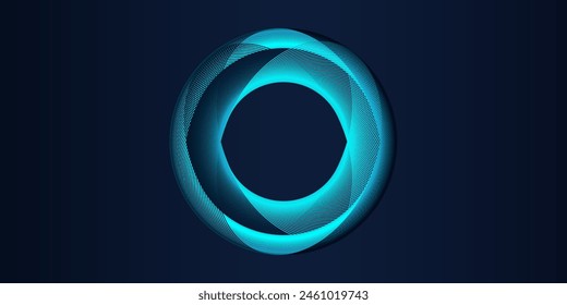 Vector abstract circle frame with wavy rounded lines pattern flowing in blue green colors isolated on black background for concept of music, technology, ai