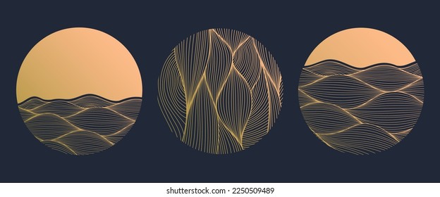 Vector abstract circle linear logo, japanese style. Wavy luxury art badge, water, ocean, river luxury golden emblem for perfume, cosmetics, natural products, cosmetics, health, spa, yoga center.