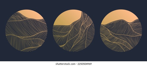 Vector abstract circle linear logos, golden japanese style. Waves luxury badge, mountains, desert, water or desert landscape. Emblem for for a travel, tourism, perfume, spa, organic products package
