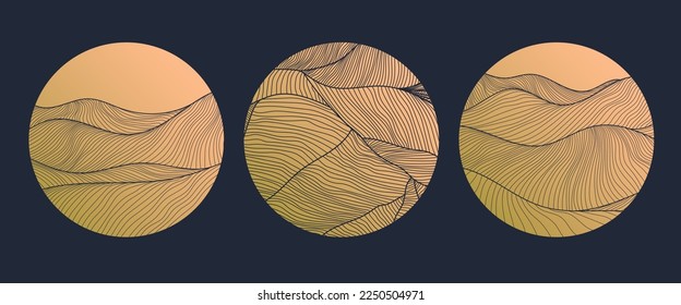 Vector abstract circle linear logos, golden japanese style. Waves luxury badge, mountains, desert, water or desert landscape. Emblem for for a travel, tourism, perfume, spa, organic products package