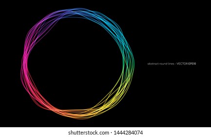 Vector abstract circles lines round frame colorful rainbow isolated on black background with empty space for text