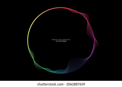 Vector abstract circles lines wavy in round frame colorful rainbow isolated on black background with empty space for text