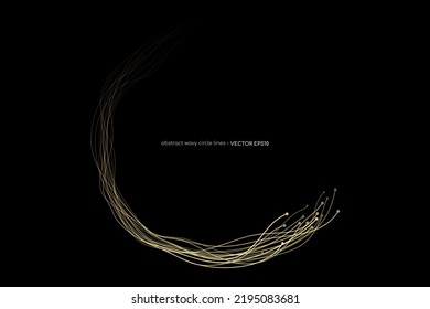 Vector abstract circles lines wavy swirl in round frame gold light isolated on black background with empty space for text in luxury style.
