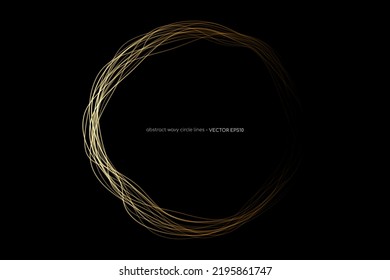 Vector abstract circles lines wavy in round frame gold light isolated on black background with empty space for text in luxury style.