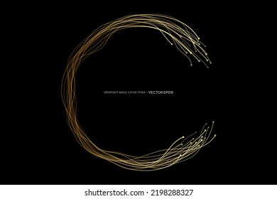 Vector abstract circles lines wavy swirl in round frame gold light isolated on black background with empty space for text in luxury style.