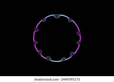 Vector abstract circles lines wavy in round frame colorful spectrum light isolated on black background