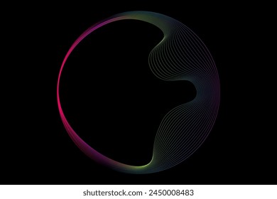 Vector abstract circles lines wavy in round frame colorful spectrum light isolated on black background with empty space for text in concept technology, digital, music, science.