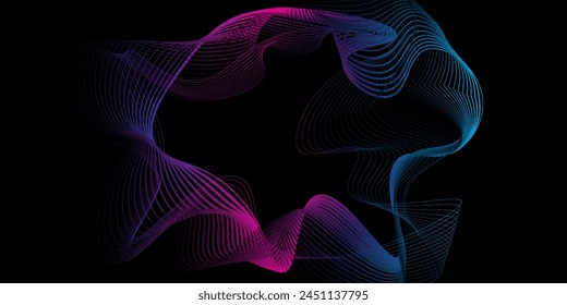 Vector abstract circles lines wavy in round frame colorful spectrum light isolated on black background with empty space for text in concept technology, digital, music, science circle arts abstract