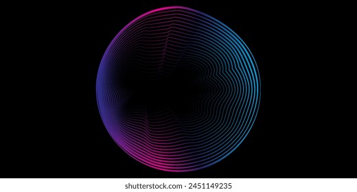 Vector abstracto círculos líneas onduladas en marco redondo colorido espectro de luz aislado sobre fondo negro con espacio vacío para texto en concepto de tecnología, digital, música, ciencia círculo línea de Vector
