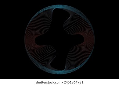 Vector abstract circles lines wavy in round frame colorful spectrum light isolated on black background with empty space for text in concept technology, digital, music, science.