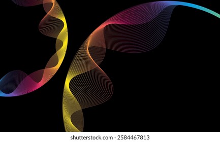 Vector abstract circles lines wavy in round frame colorful rainbow isolated on black background with empty space for text