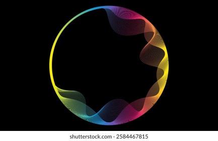 Vector abstract circles lines wavy in round frame colorful rainbow isolated on black background with empty space for text