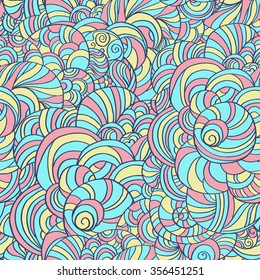 Vector abstract circles seamless pattern background. Hand sketch style pattern on blue, pink and yellow colors.