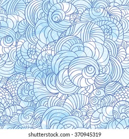 Vector abstract circles seamless pattern. Hand sketch style pattern on blue colors. Light blue grange background.