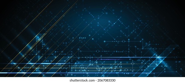 Vektorabstrakte Leiterkarte, Hochtechnologie-Illustration-Computer, Ingenieurwesen, Wissenschaft und Informationstechnologie auf dunkelblauem Hintergrund. High-Tech-Digitaltechnologie und Zukunftskonzept