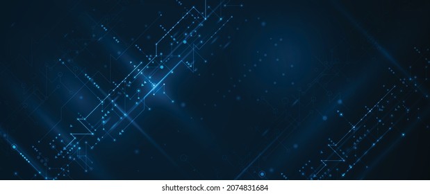 Vector Abstract Circuit Board, Illustration High Tech Computer, Engineering, Science And Information Technology On Dark Blue Color Background. Hi-tech Digital Technology And Futuristic Concept