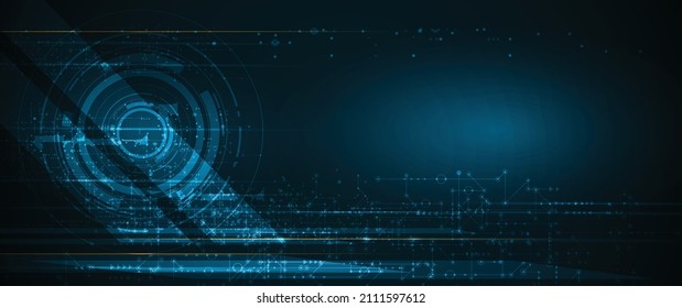 Vector Abstract circuit board, Illustration high tech computer, engineering, science and information technology on dark blue color background. Hi-tech digital technology and futuristic concept