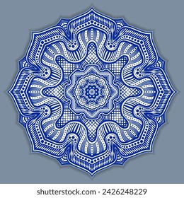 Vector abstract circular mandala design decorative element ethnic style. Blue line and white area for coloring. Shadow around of mandala. Arab, Islam, Indian, Chinese. Yoga illustration.