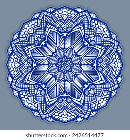 Vector abstract circular mandala design decorative element ethnic style. Blue line and white area for coloring. Shadow around of mandala. Arab, Islam, Indian, Chinese. Yoga illustration.