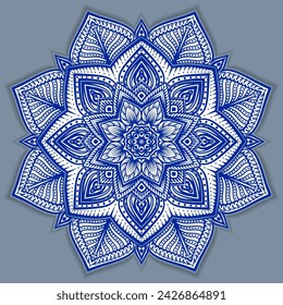 Vector abstract circular mandala design decorative element ethnic style. Blue line and white area for coloring. Shadow around of mandala. Arab, Islam, Indian, Chinese. Yoga illustration.