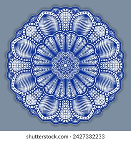 Vector abstract circular mandala design decorative element ethnic style. Blue line and white area for coloring. Shadow around of mandala. Arab, Islam, Indian, Chinese. Yoga illustration.