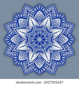 Vector abstract circular mandala design decorative element ethnic style. Blue line and white area for coloring. Shadow around of mandala. Arab, Islam, Indian, Chinese. Yoga illustration.