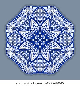 Vector abstract circular mandala design decorative element ethnic style. Blue line and white area for coloring. Shadow around of mandala. Arab, Islam, Indian, Chinese. Yoga illustration.