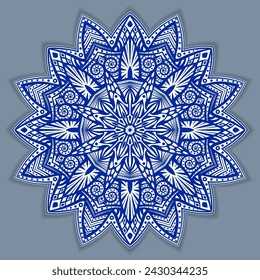 Vector abstract circular mandala design decorative element ethnic style. Blue line and white area for coloring. Shadow around of mandala. Arab, Islam, Indian, Chinese. Yoga illustration.